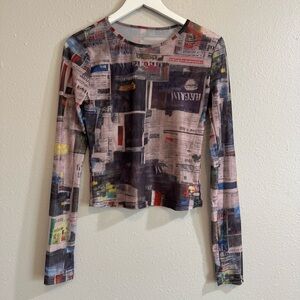 Gaultier Style Newspaper Print Mesh Top Sheer Long Sleeve Y2K Archive Size L